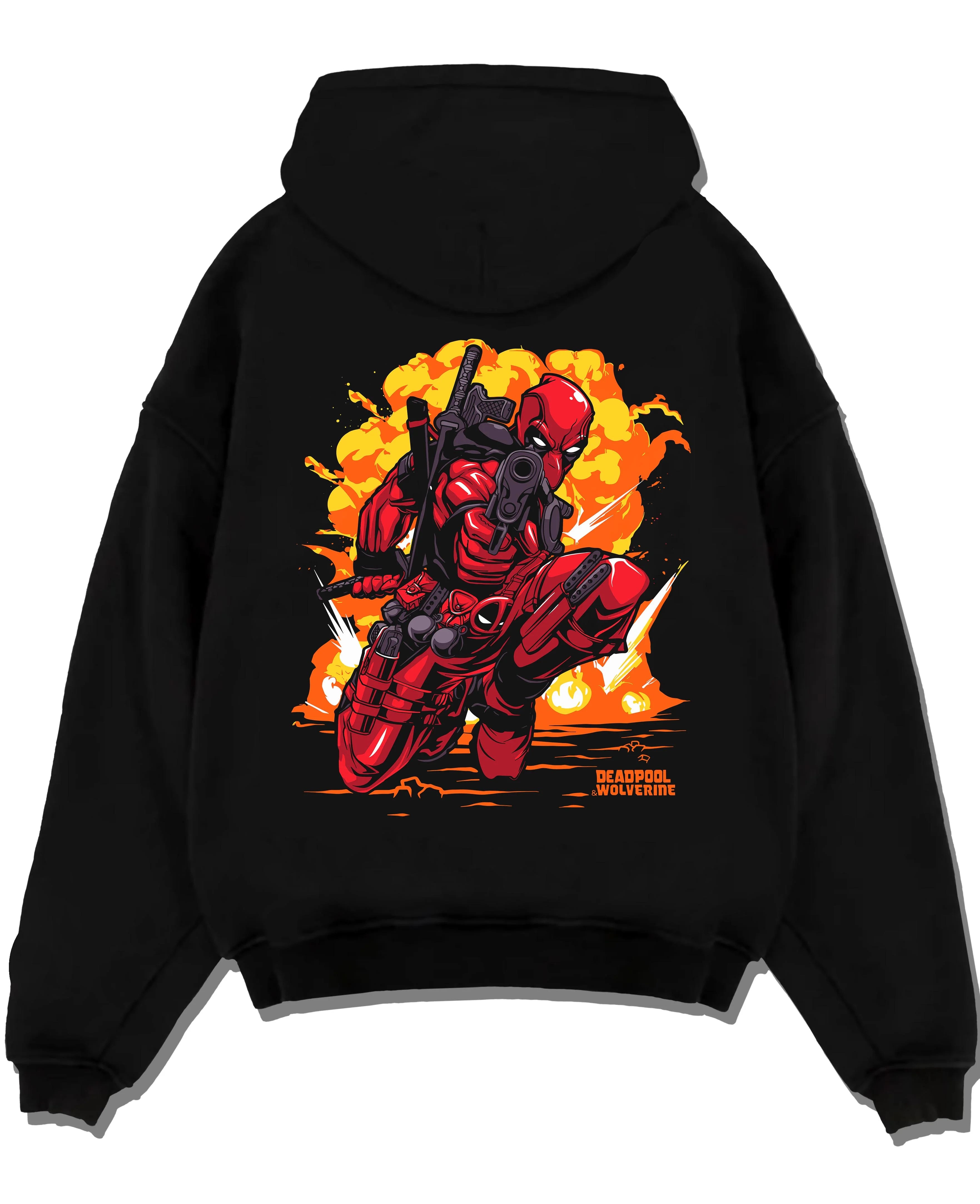 Black pullover hoodie laid flat with Deadpool Hoodie Marvel Anime Cross Retro Parody Art graphic streetwear graphic.