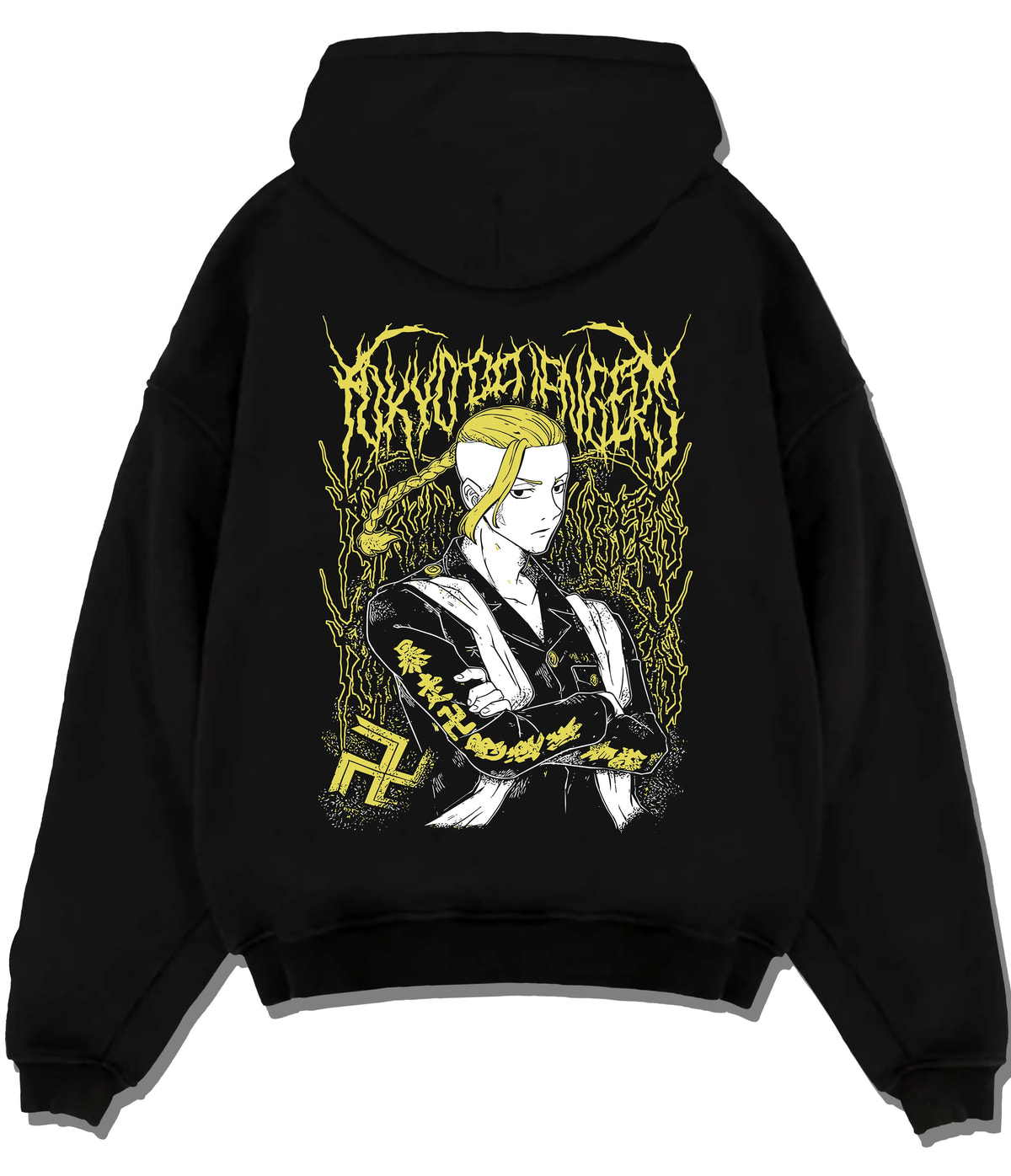 Black hoodie flat back view with Ken Ryuguji (Draken), Tokyo Manji uniform from Tokyo Revengers illustrated back graphic