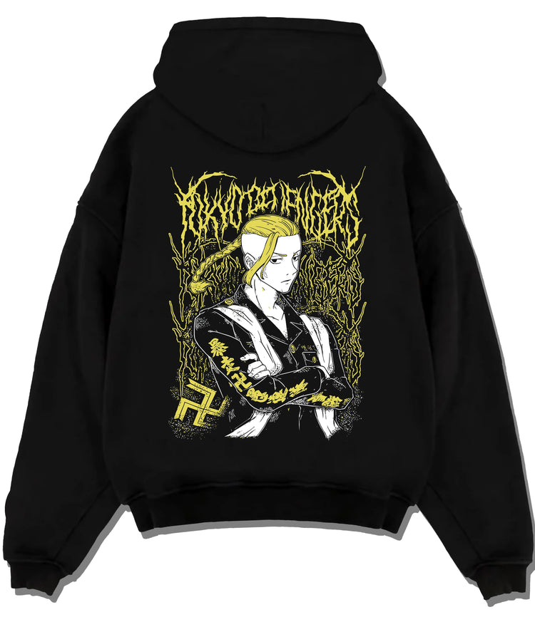 Black hoodie flat back view with Ken Ryuguji (Draken), Tokyo Manji uniform from Tokyo Revengers illustrated back graphic