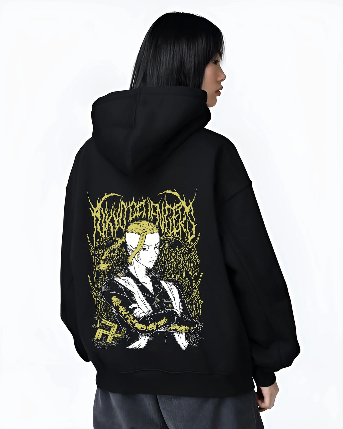 Black hoodie female model back view with Ken Ryuguji (Draken), Tokyo Manji uniform from Tokyo Revengers illustrated back