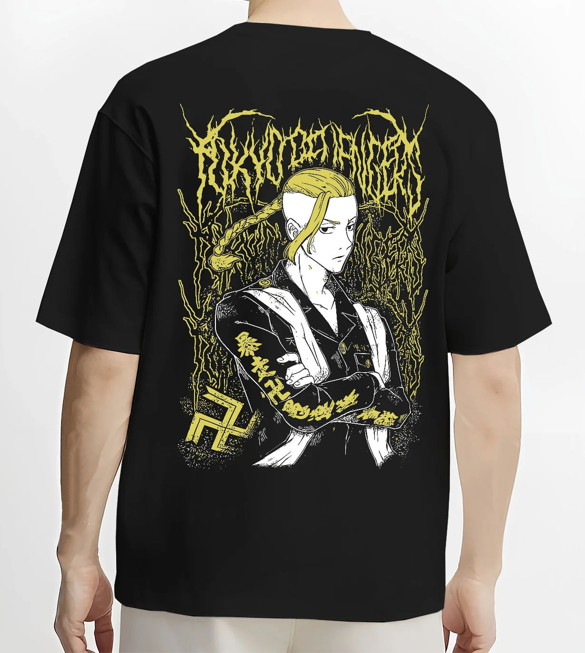 Black T-shirt model back view with Ken Ryuguji (Draken), Tokyo Manji uniform from Tokyo Revengers illustrated back graphic
