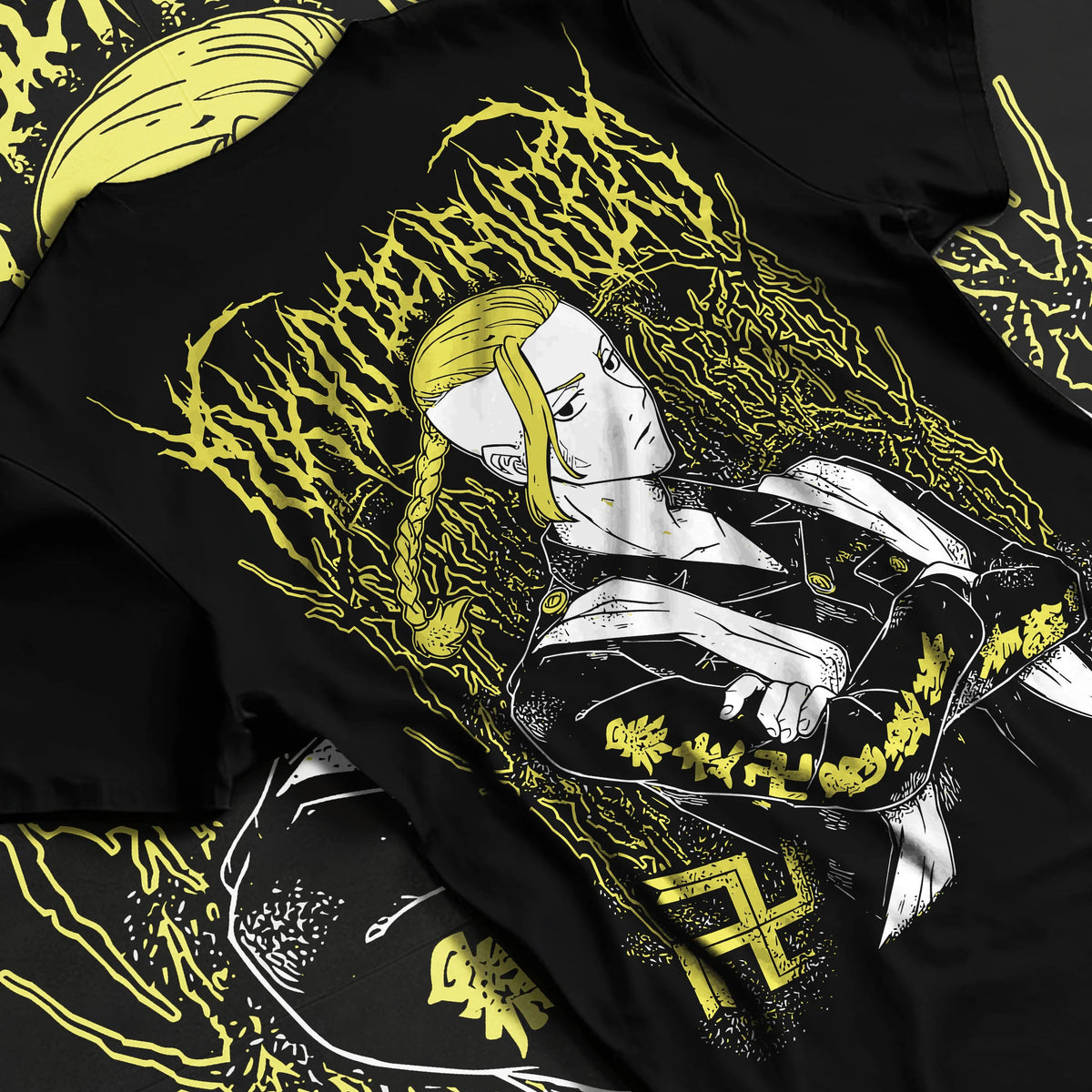 Black T-shirt flat back view with Ken Ryuguji (Draken), Tokyo Manji uniform from Tokyo Revengers illustrated back graphic