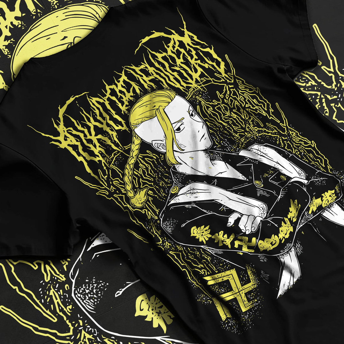 Black T-shirt flat back view with Ken Ryuguji (Draken), Tokyo Manji uniform from Tokyo Revengers illustrated back graphic