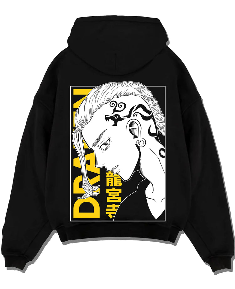 Black hoodie laid flat featuring Draken Tokyo Revengers Toman gang artwork.