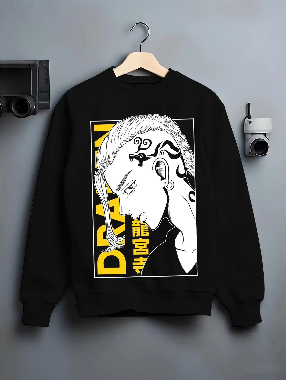 Black crewneck sweatshirt on hanger featuring Draken Tokyo Revengers Toman gang artwork.