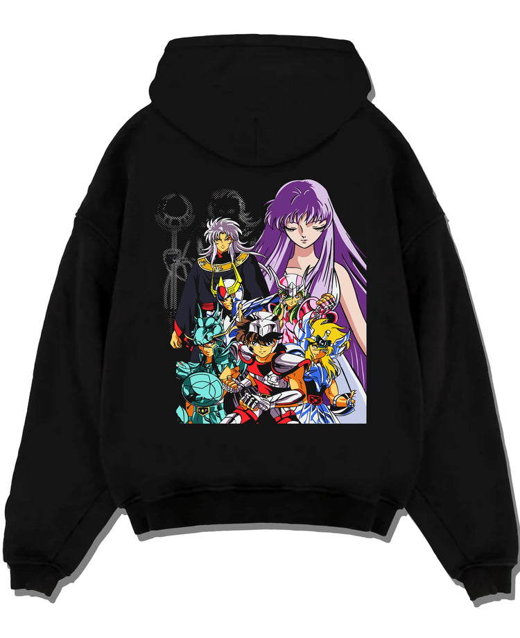 Black hoodie laid flat featuring Dragon Shiryu Saint Seiya Bronze Saint artwork.