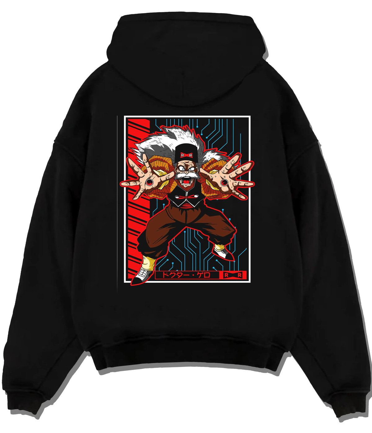 Black hoodie flat back view with Dr Gero / Android 20 from Dragon Ball illustrated back graphic