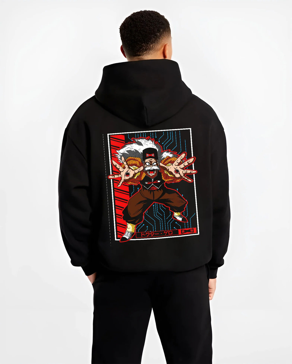 Black hoodie model back view with Dr Gero / Android 20 from Dragon Ball illustrated back graphic