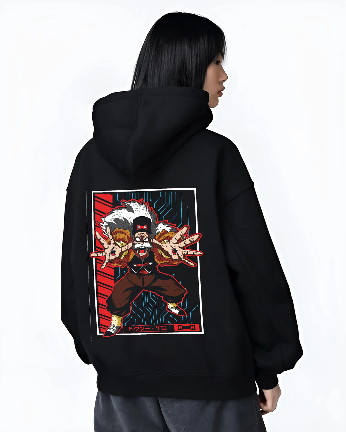 Black hoodie female model back view with Dr Gero / Android 20 from Dragon Ball illustrated back graphic