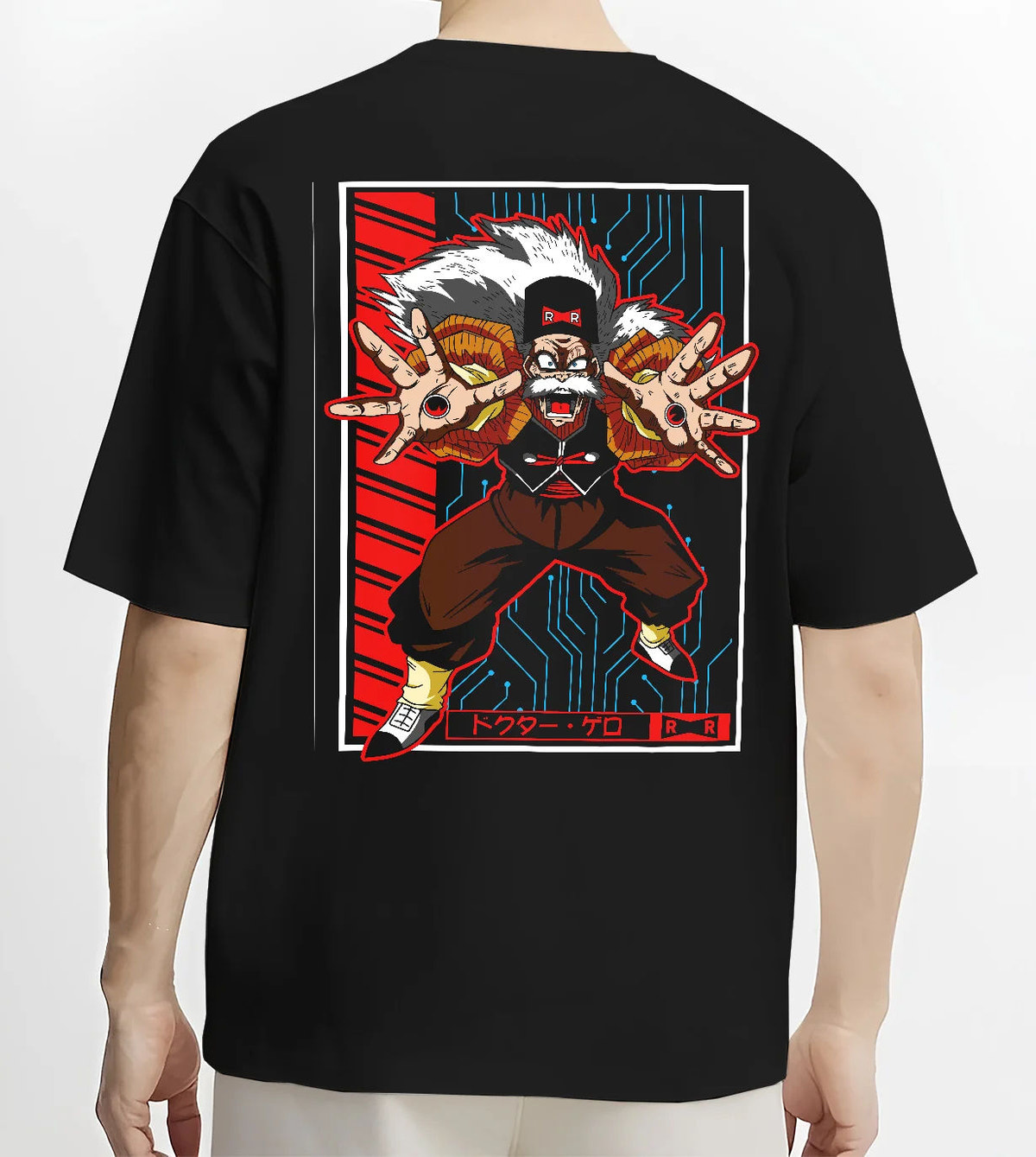 Black T-shirt model back view with Dr Gero / Android 20 from Dragon Ball illustrated back graphic