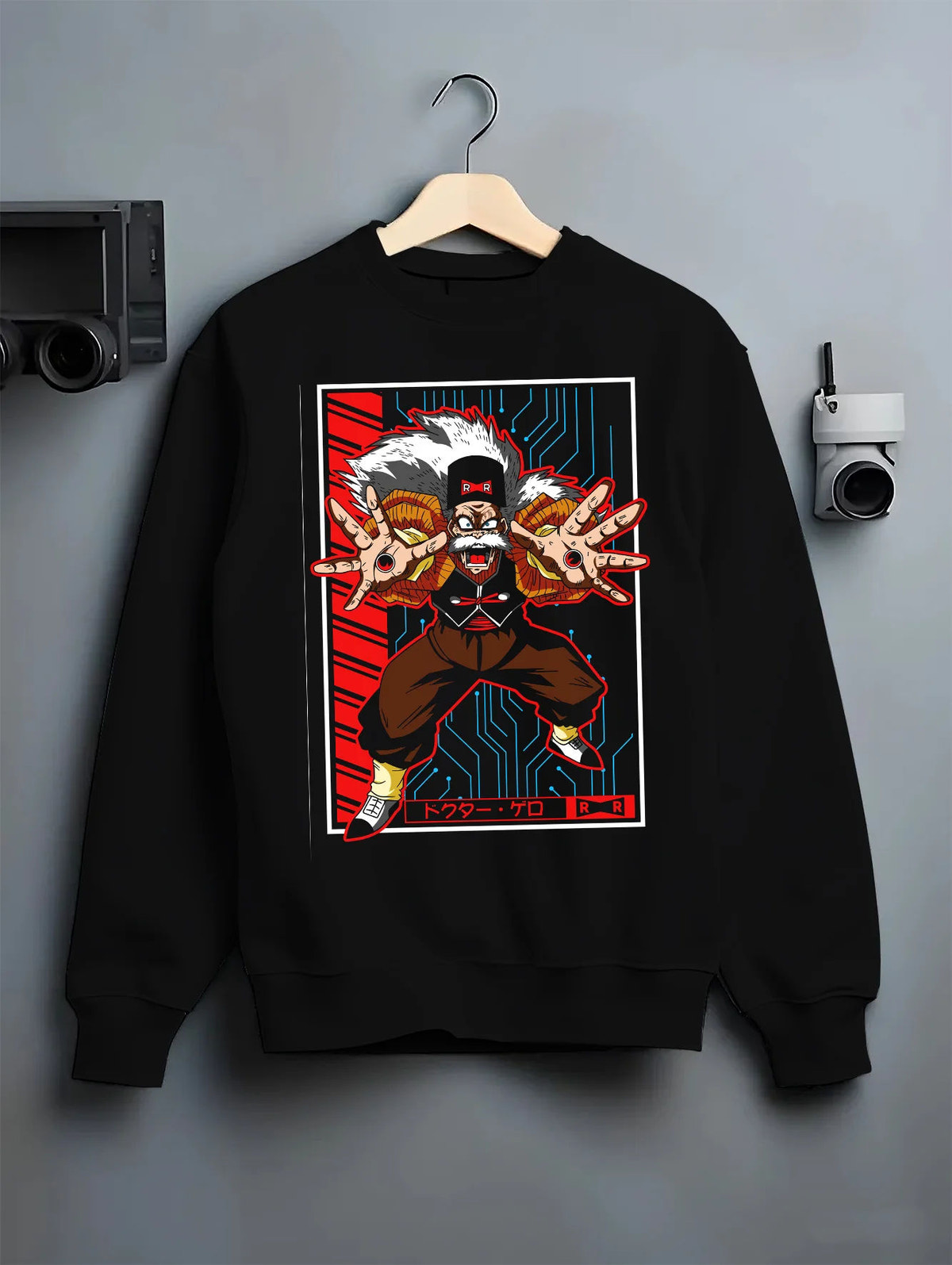 Black crewneck sweatshirt on hanger with Dr Gero / Android 20 from Dragon Ball illustrated back graphic