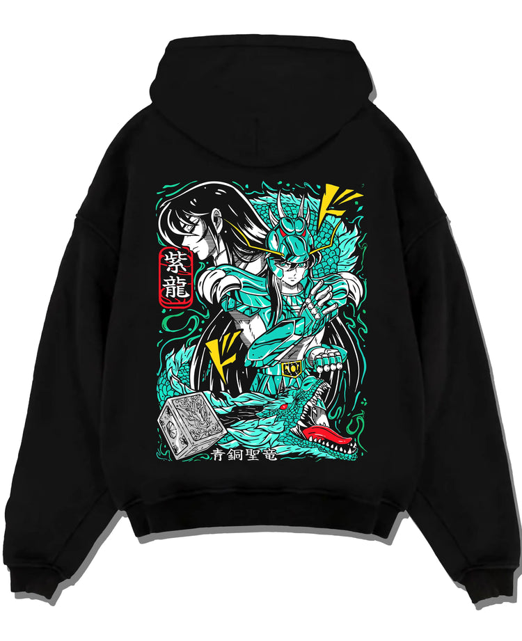 Black hoodie laid flat featuring Dragon Shiryu Saint Seiya dragon shield artwork.