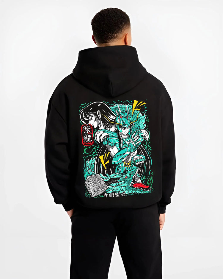 Black hoodie worn by male model from the back featuring Dragon Shiryu Saint Seiya dragon shield artwork.