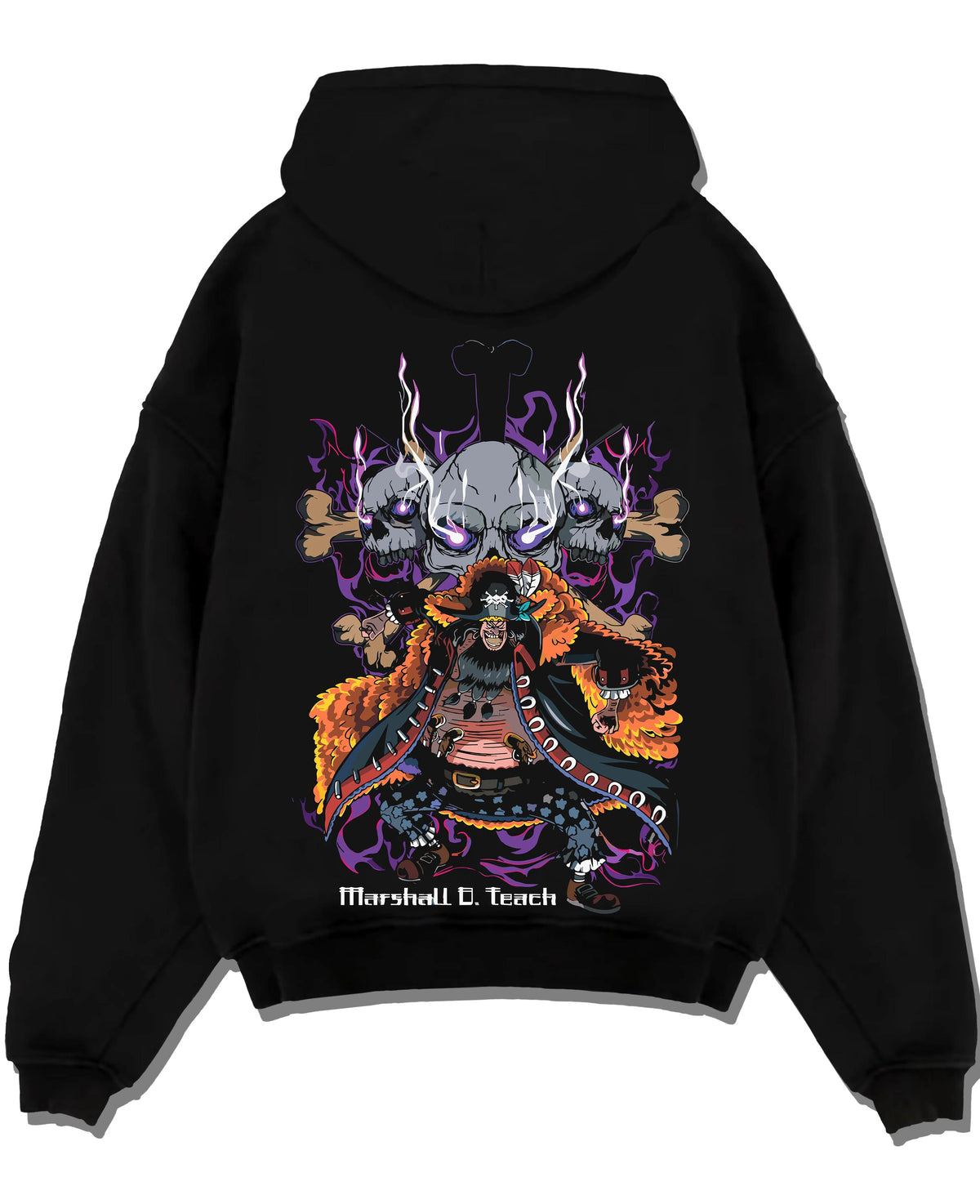 Black hoodie laid flat featuring Marshall D. Teach One Piece dark fruit artwork.