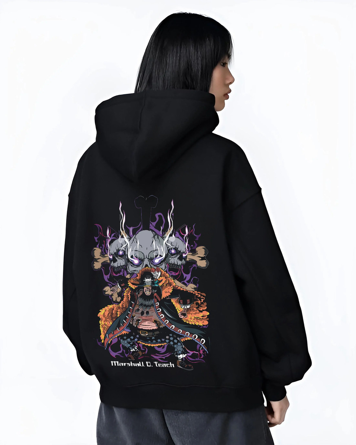 Black hoodie worn by female model from the back featuring Marshall D. Teach One Piece dark fruit artwork.