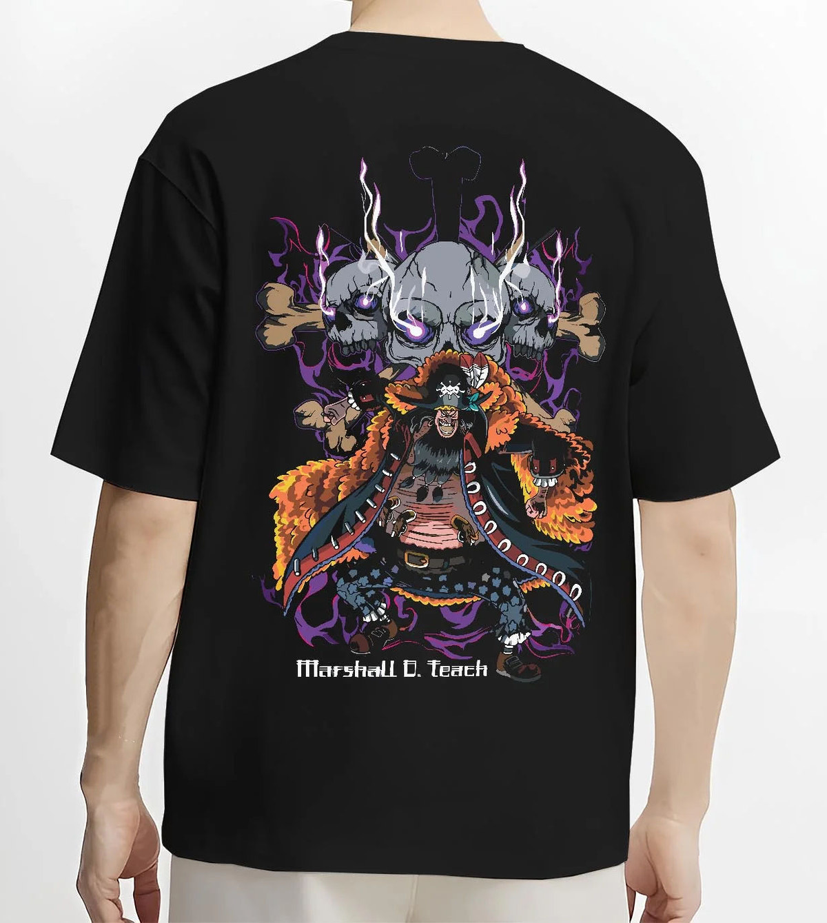 Black T-shirt worn by male model from the back featuring Marshall D. Teach One Piece dark fruit artwork.