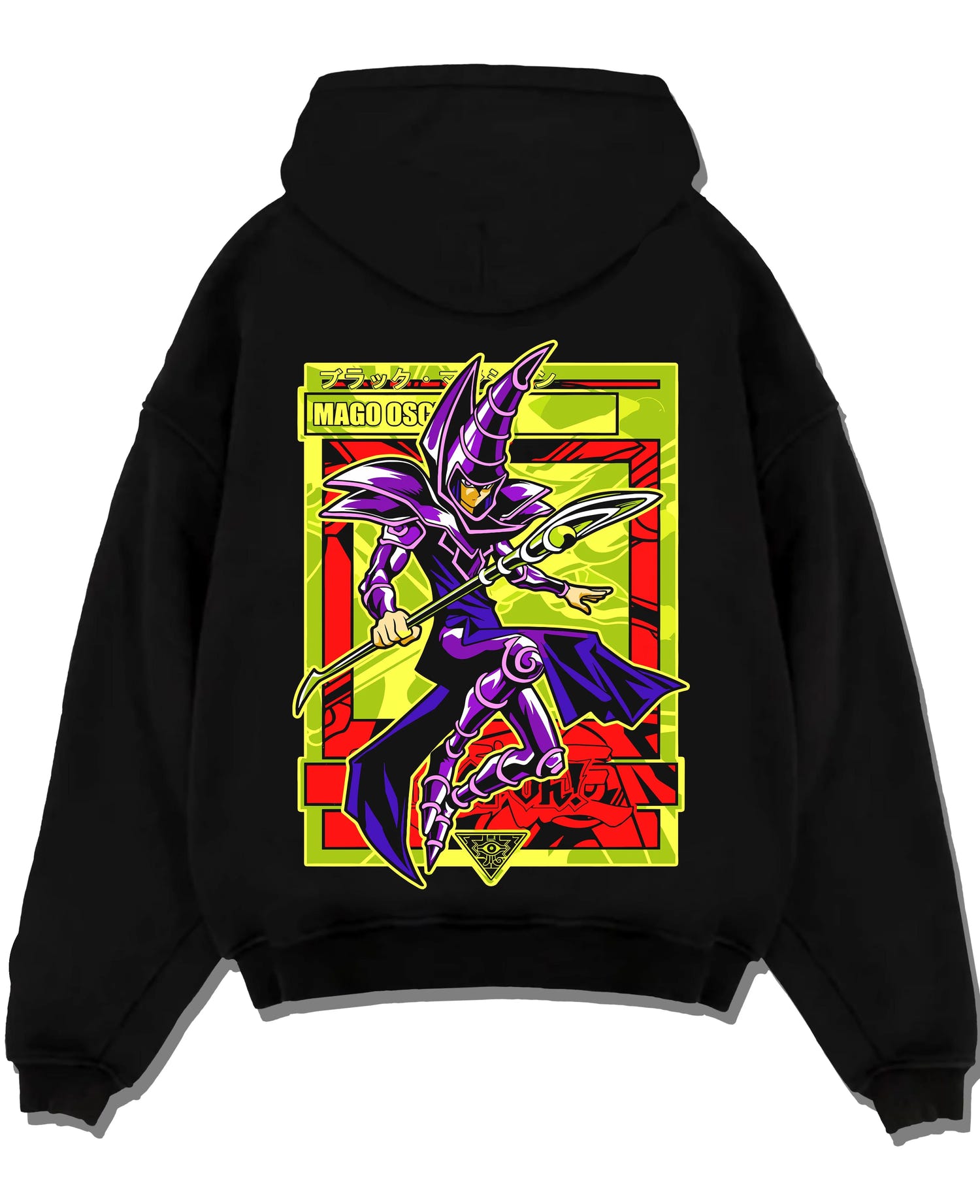 Black pullover hoodie laid flat with Yu-Gi-Oh Dark Magician Hoodie Classic Spell Jumper graphic bold anime graphic.