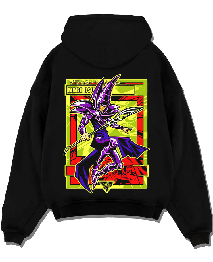 Black pullover hoodie laid flat with Yu-Gi-Oh Dark Magician Hoodie Classic Spell Jumper graphic bold anime graphic.