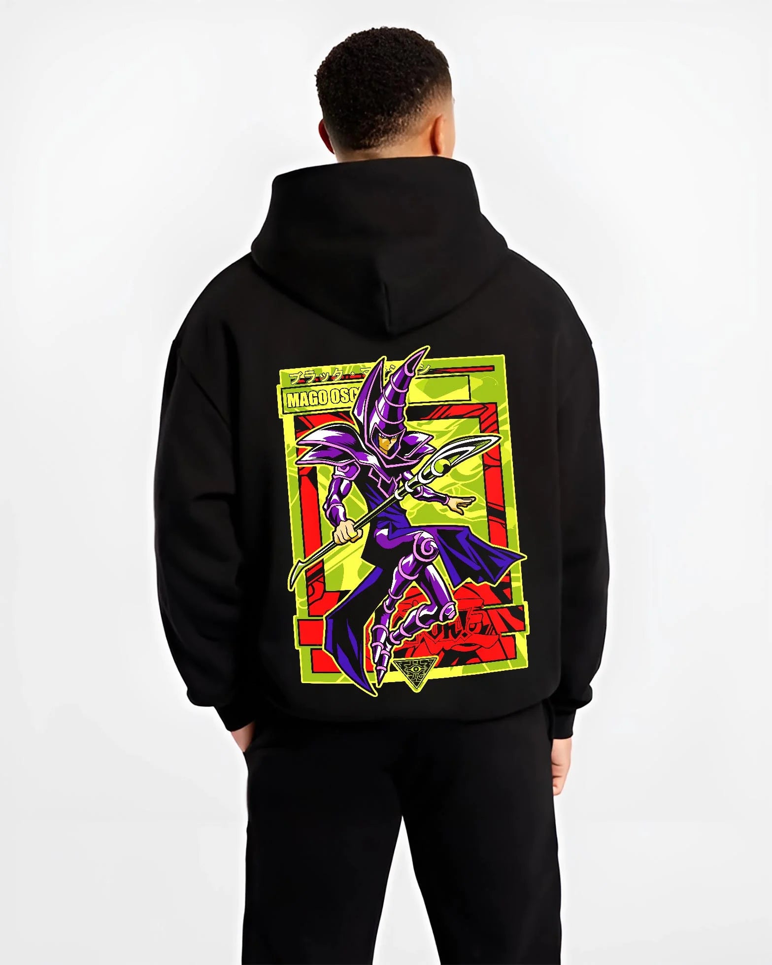 Black hoodie worn by male model, back view with Yu-Gi-Oh Dark Magician Hoodie Classic Spell Jumper graphic bold anime graphic.