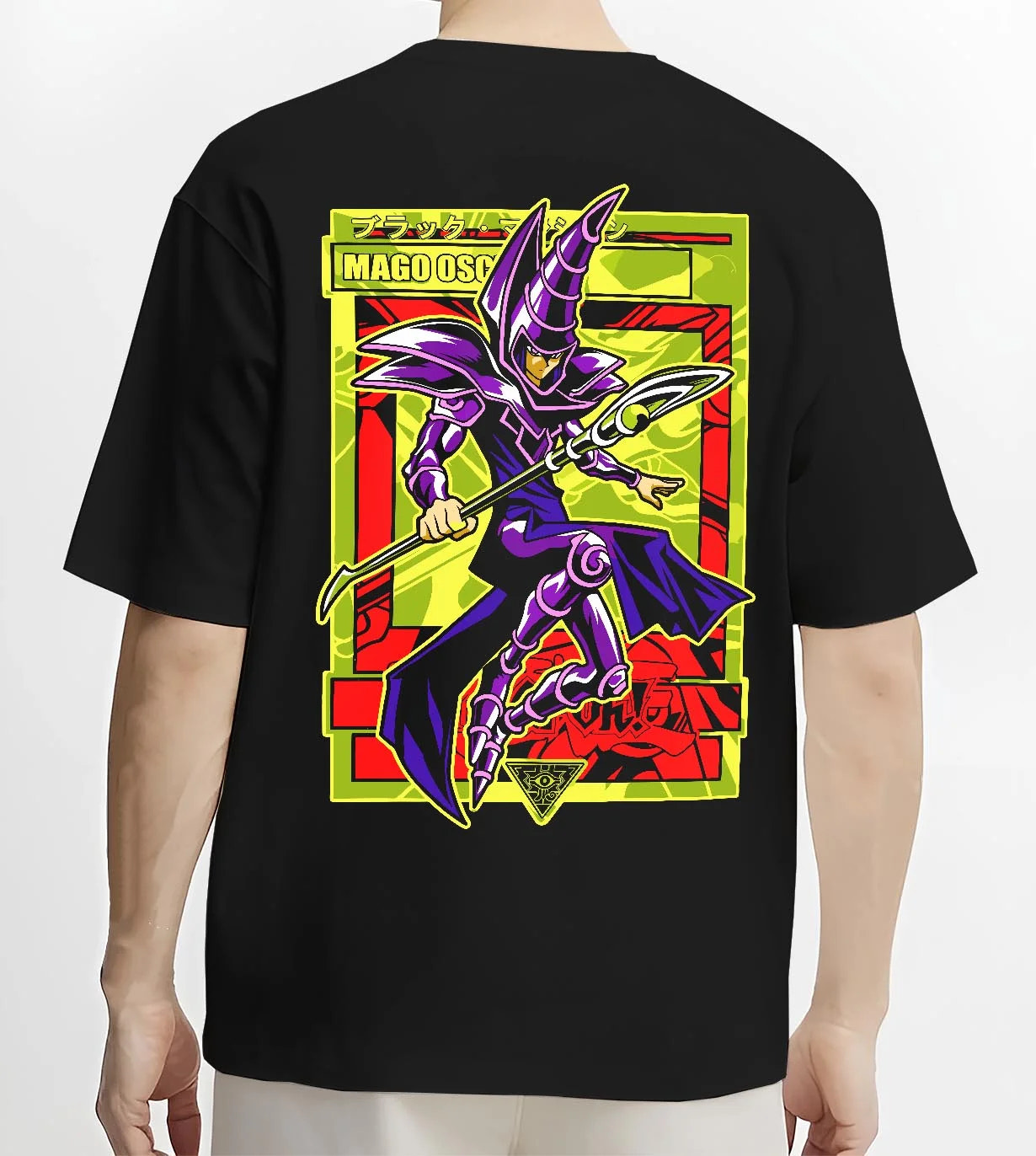 Black T-shirt worn by male model, back view with Yu-Gi-Oh Dark Magician Hoodie Classic Spell Jumper graphic premium wear.