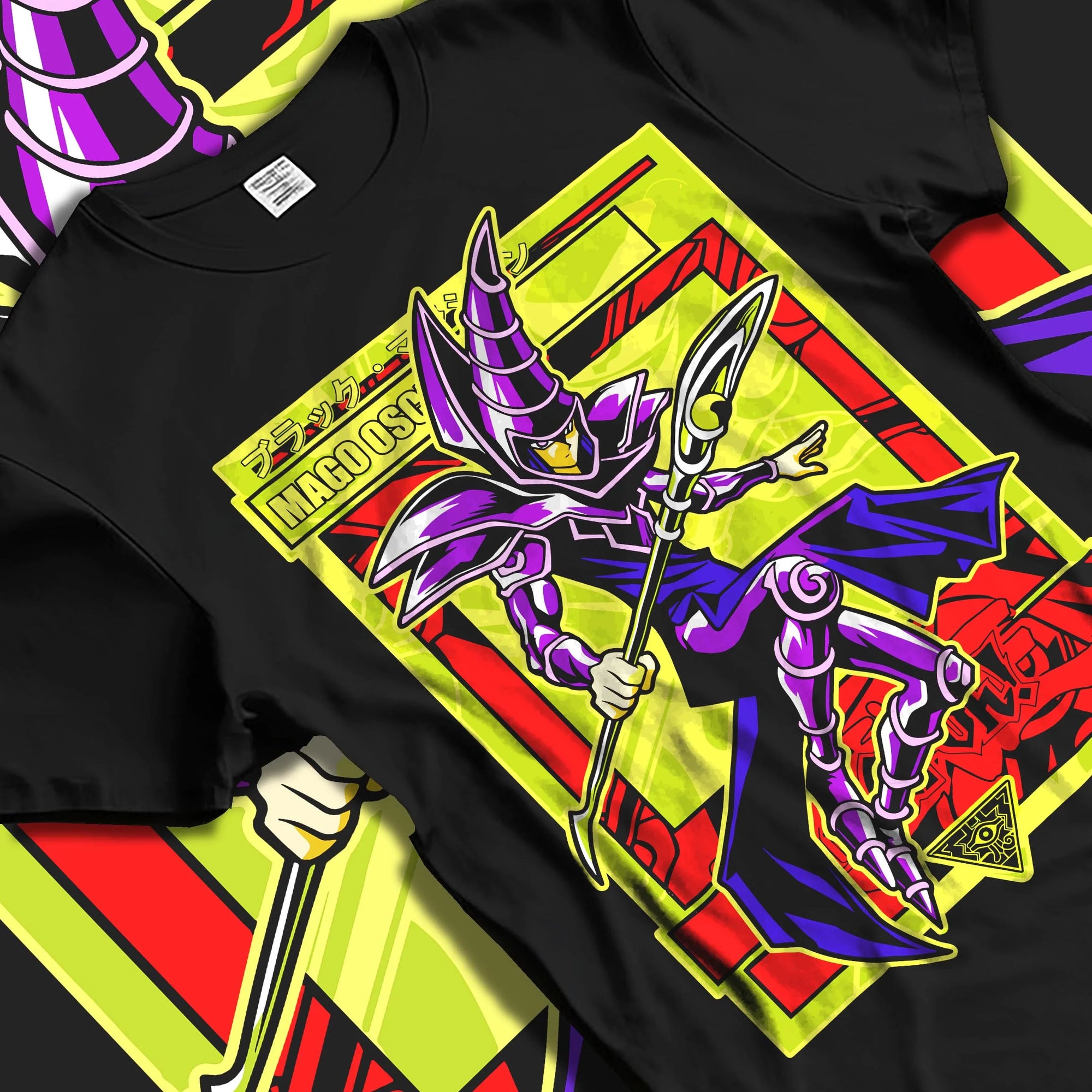 Black T-shirt laid flat with natural folds with Yu-Gi-Oh Dark Magician Hoodie Classic Spell Jumper graphic streetwear graphic.