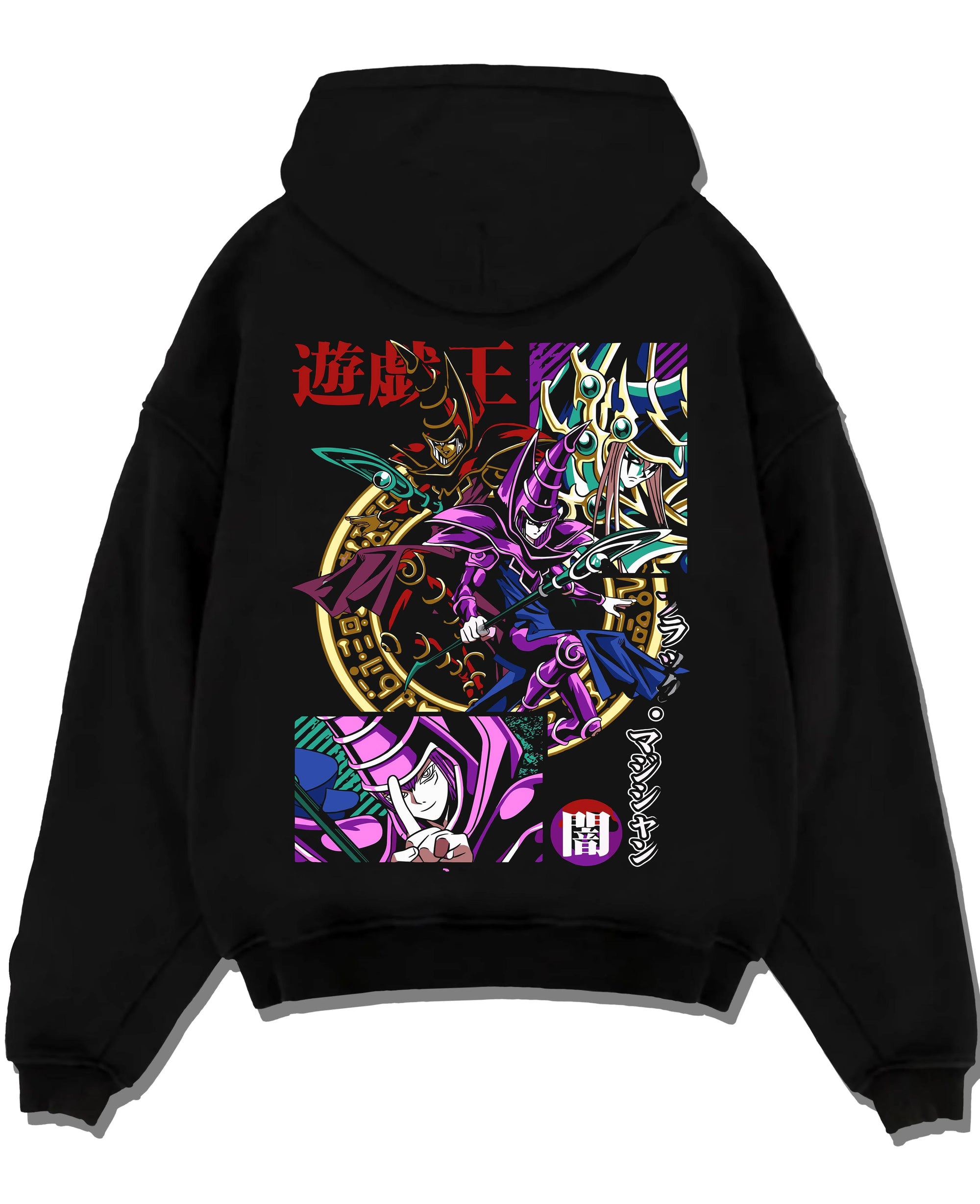 Black pullover hoodie laid flat with Yu-Gi-Oh Dark Magician Hoodie Duel Monsters Jumper graphic bold anime graphic.