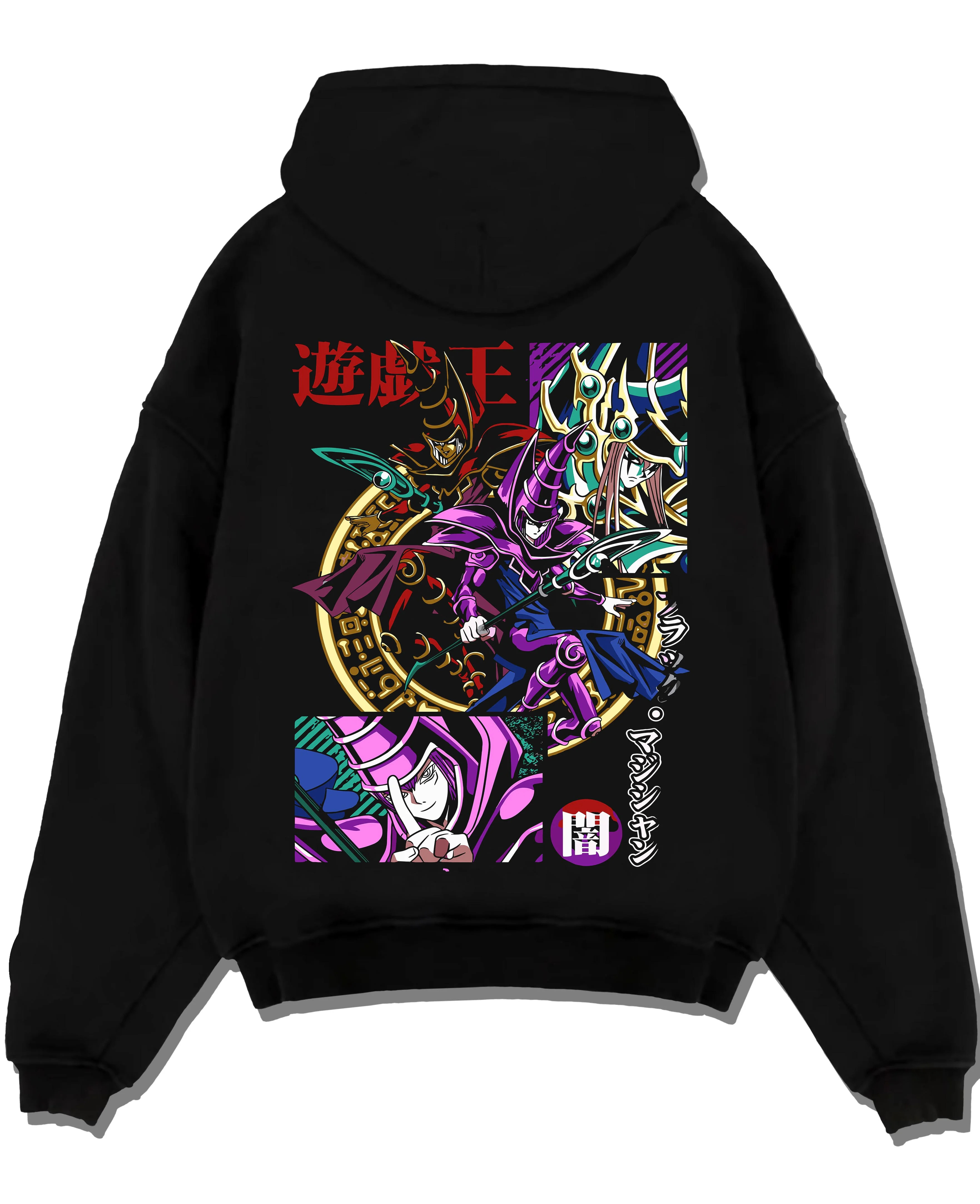 Black pullover hoodie laid flat with Yu-Gi-Oh Dark Magician Hoodie Duel Monsters Jumper graphic bold anime graphic.