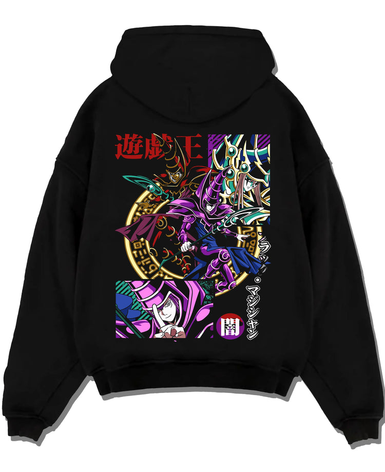 Black pullover hoodie laid flat with Yu-Gi-Oh Dark Magician Hoodie Duel Monsters Jumper graphic bold anime graphic.