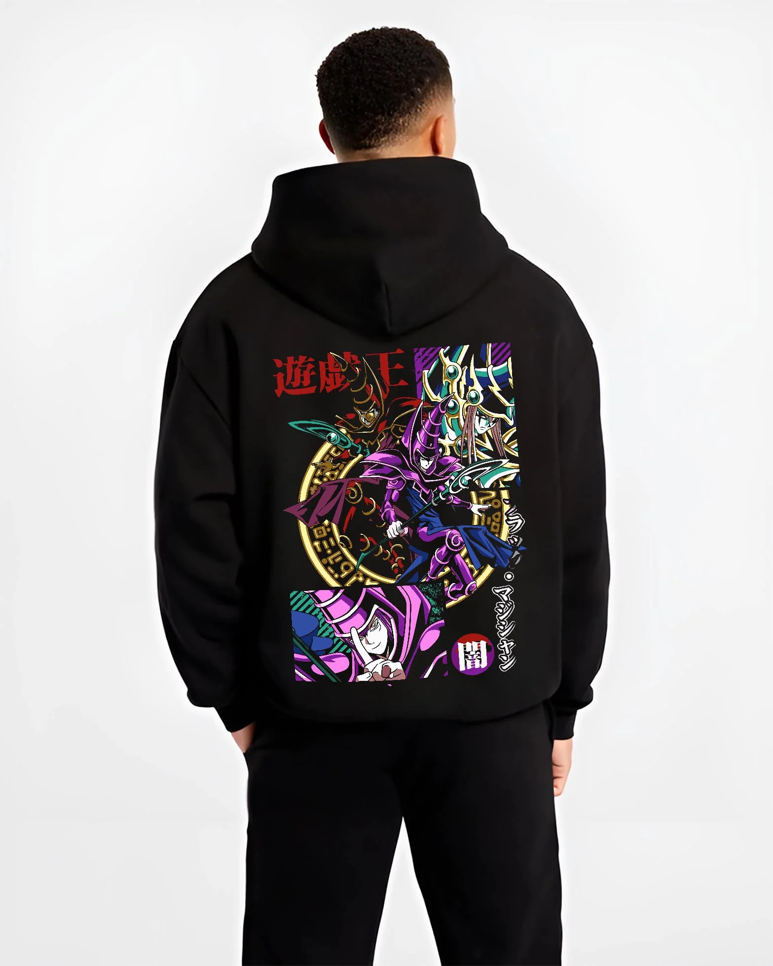Black hoodie worn by male model, back view with Yu-Gi-Oh Dark Magician Hoodie Duel Monsters Jumper graphic premium wear.