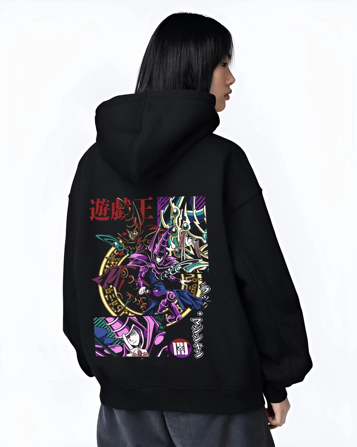 Black hoodie worn by female model, back view with Yu-Gi-Oh Dark Magician Hoodie Duel Monsters Jumper graphic premium wear.