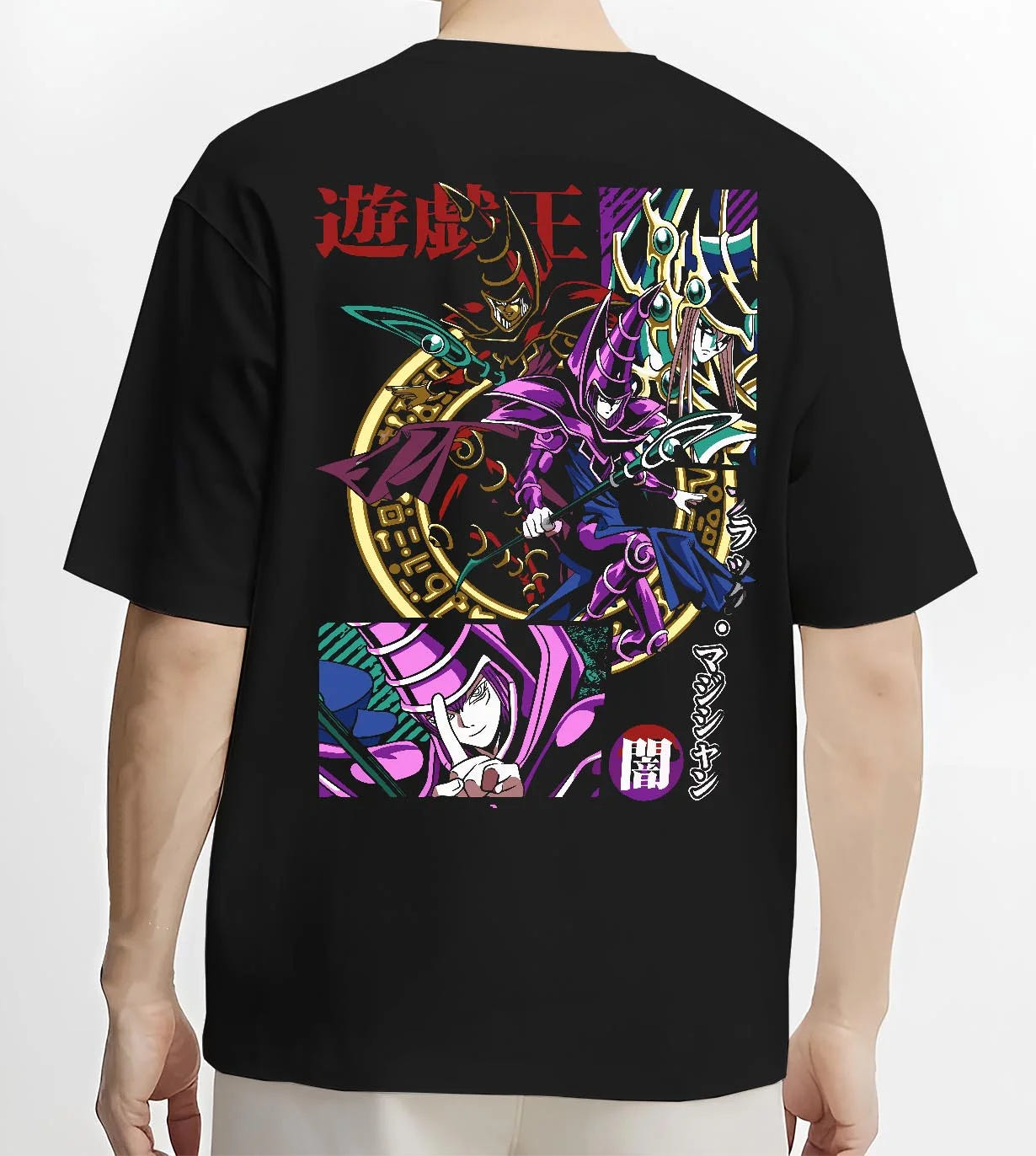 Black T-shirt worn by male model, back view with Yu-Gi-Oh Dark Magician Hoodie Duel Monsters Jumper graphic streetwear graphic.