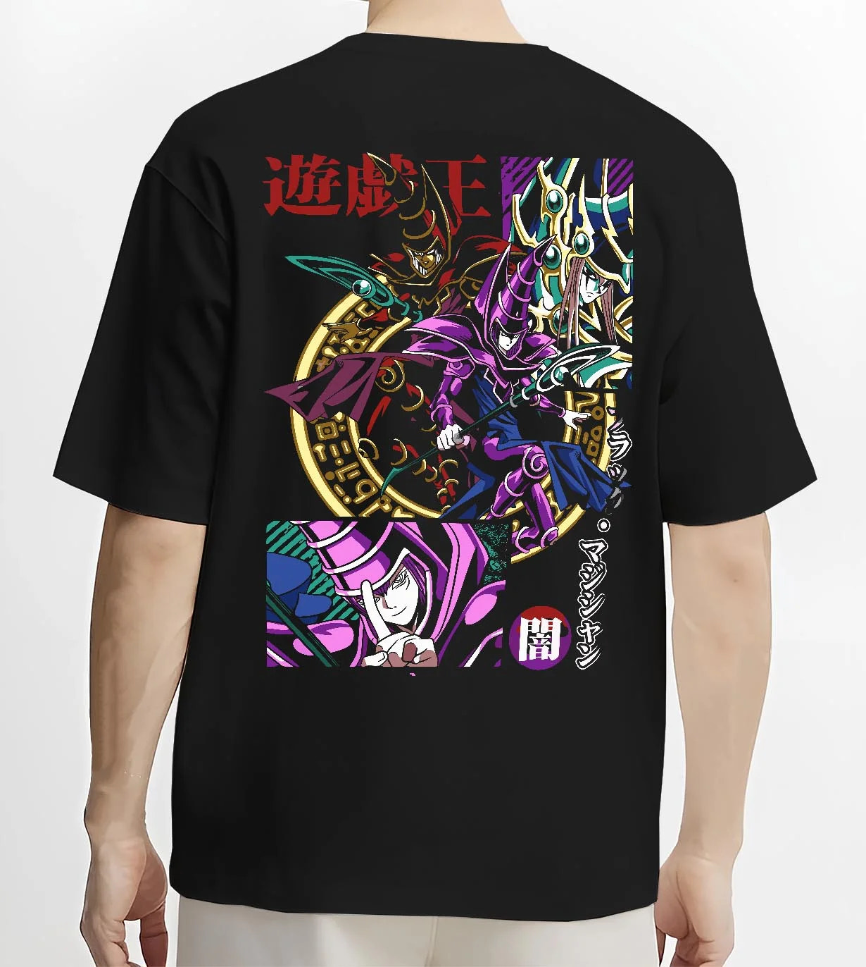 Black T-shirt worn by male model, back view with Yu-Gi-Oh Dark Magician Hoodie Duel Monsters Jumper graphic streetwear graphic.