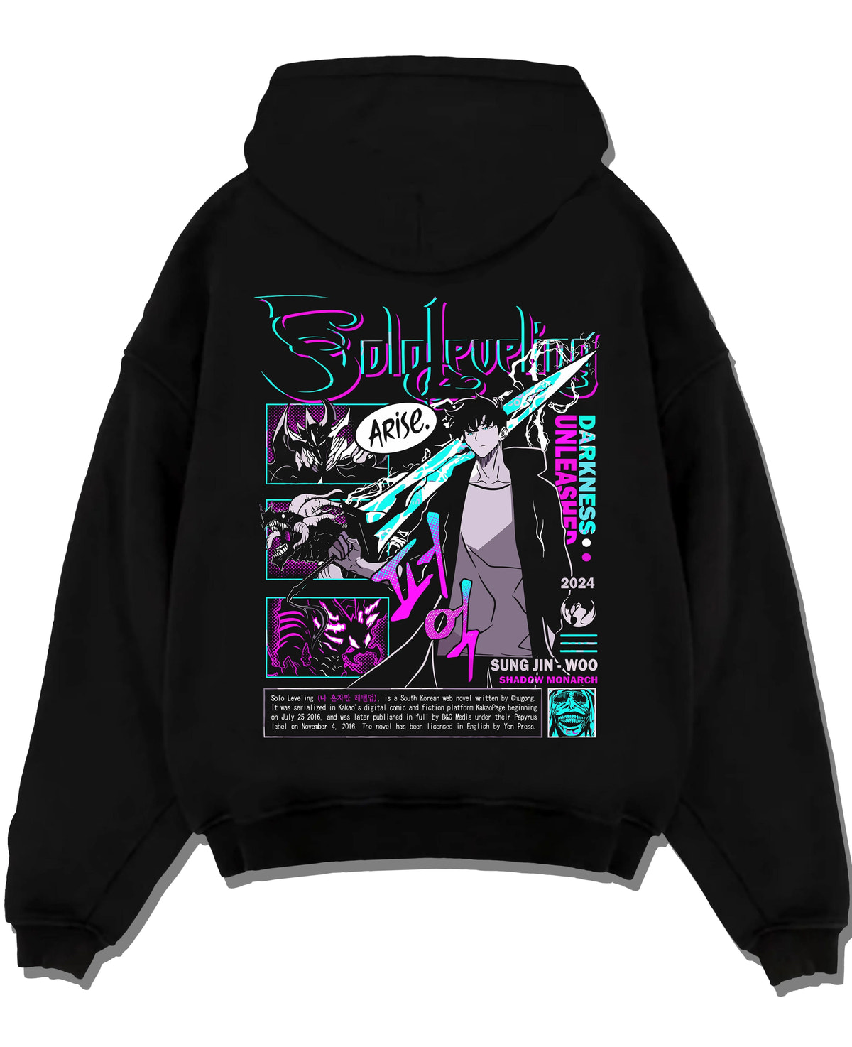 Black hoodie laid flat featuring Sung Jin-Woo Solo Leveling Arise shadow monarch artwork.