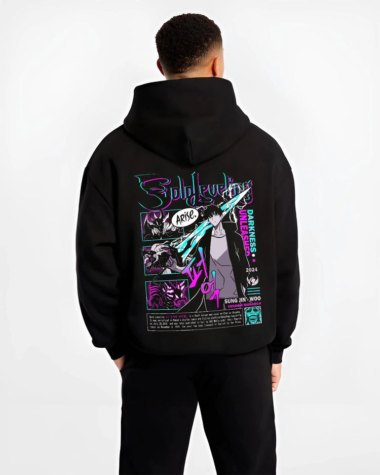 Black hoodie worn by male model from the back featuring Sung Jin-Woo Solo Leveling Arise shadow monarch artwork.