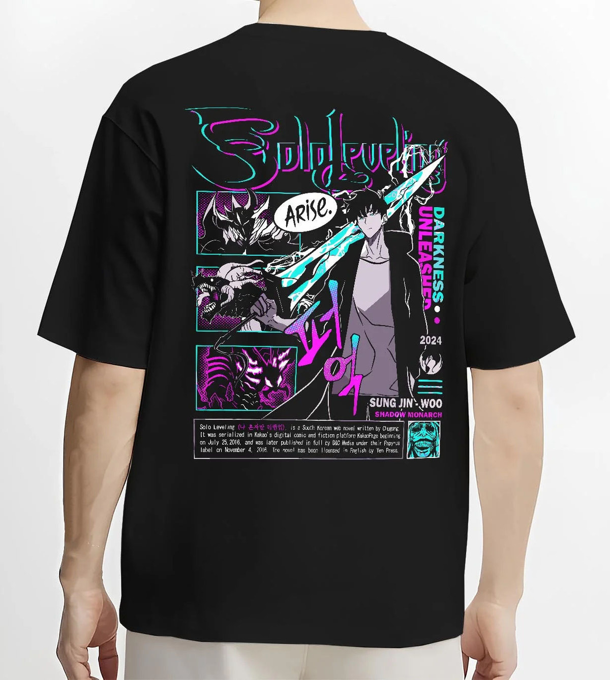 Black T-shirt worn by male model from the back featuring Sung Jin-Woo Solo Leveling Arise shadow monarch artwork.