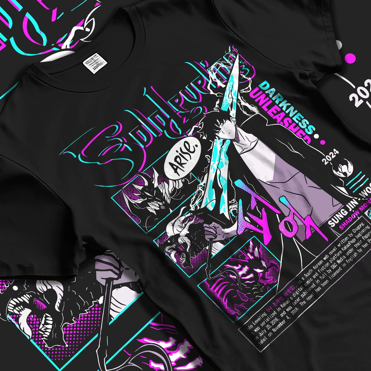 Black T-shirt laid flat with natural folds featuring Sung Jin-Woo Solo Leveling Arise shadow monarch artwork.