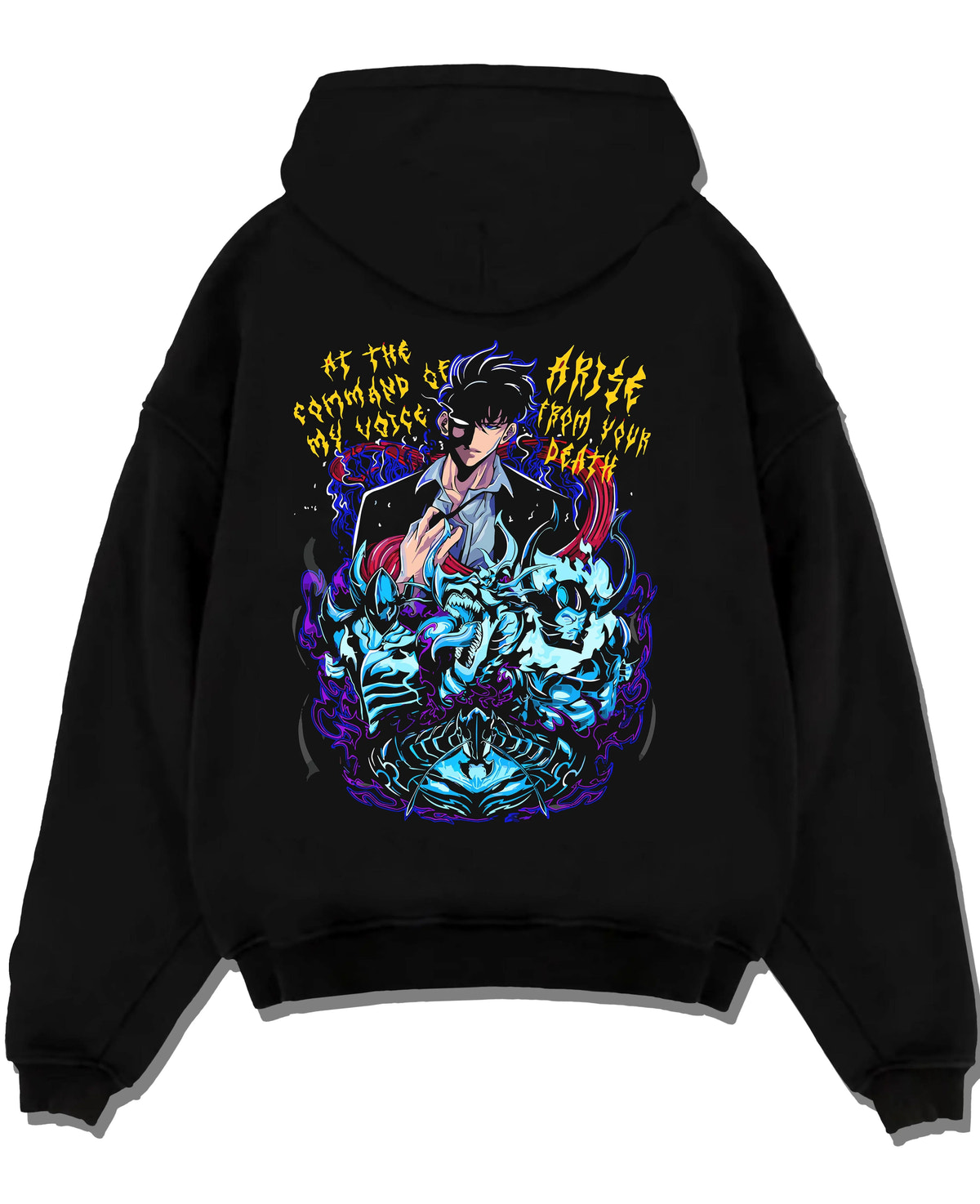 Black hoodie laid flat featuring dark beast battle artwork.