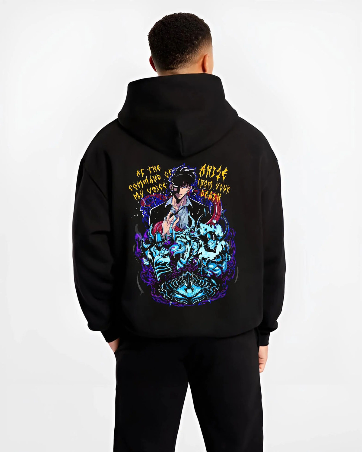 Black hoodie worn by male model from the back featuring dark beast battle artwork.