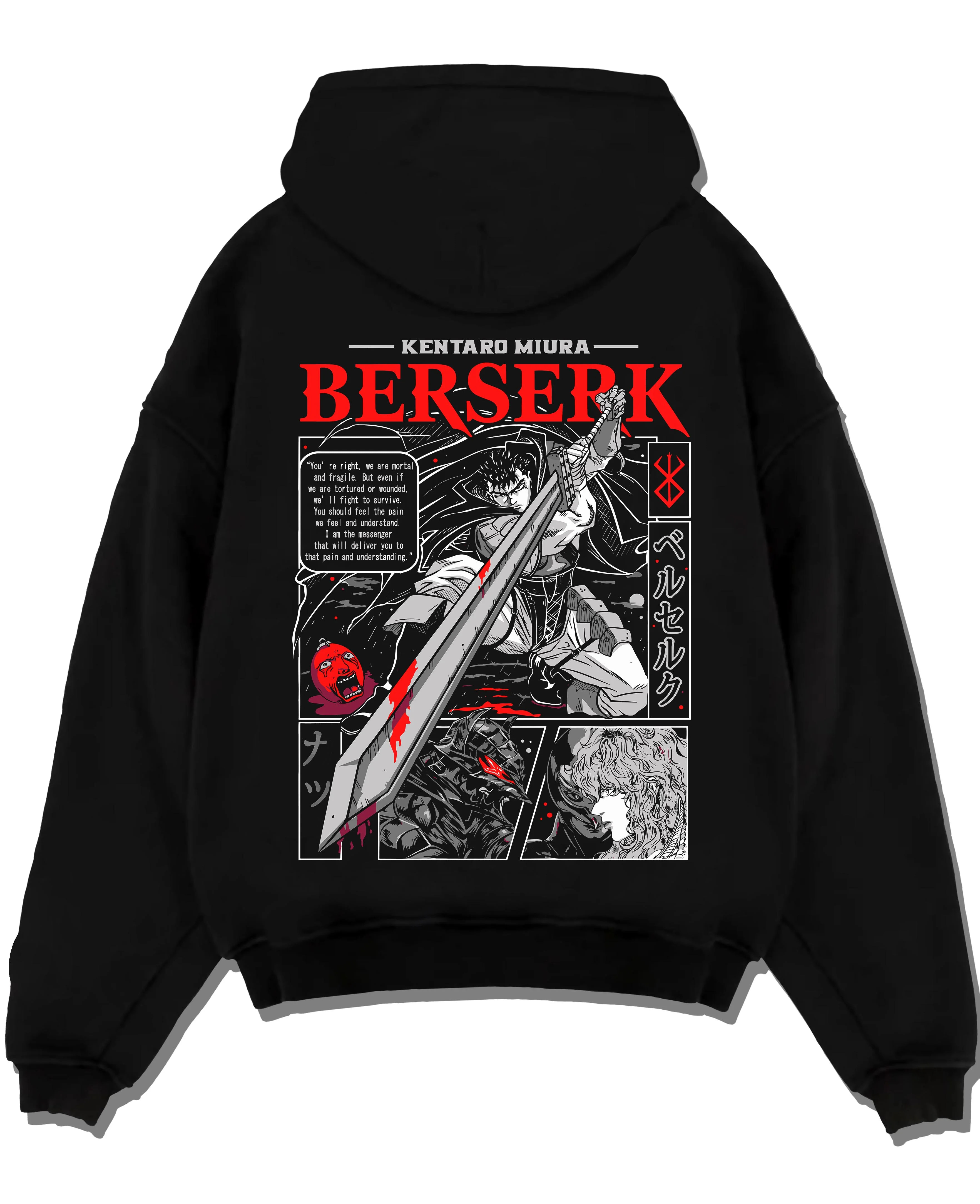 Black pullover hoodie laid flat with Berserk Hoodie Guts Retro Dark Fantasy Warrior Art graphic Guts themed artwork.