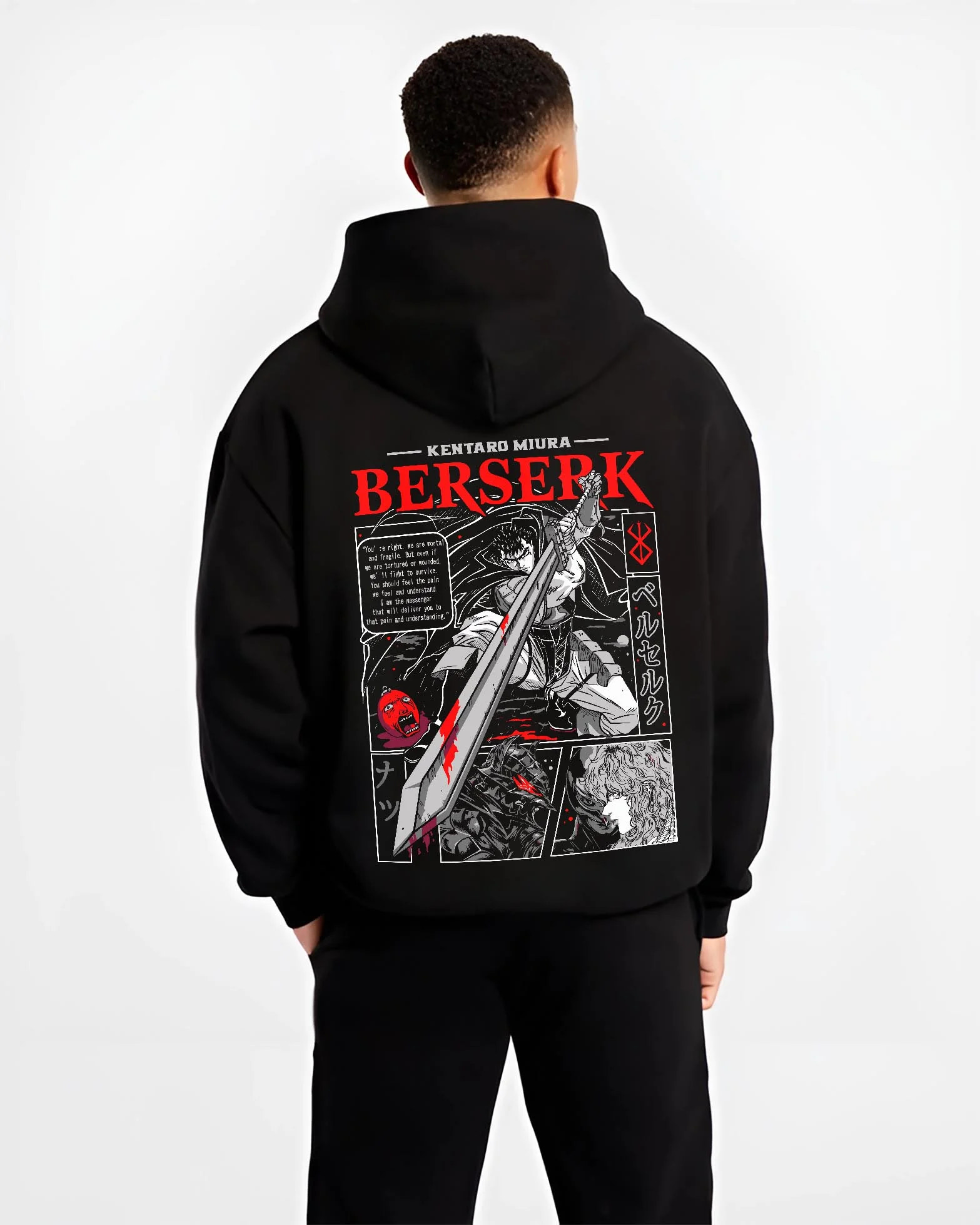 Black hoodie worn by male model, back view with Berserk Hoodie Guts Retro Dark Fantasy Warrior Art graphic premium wear.