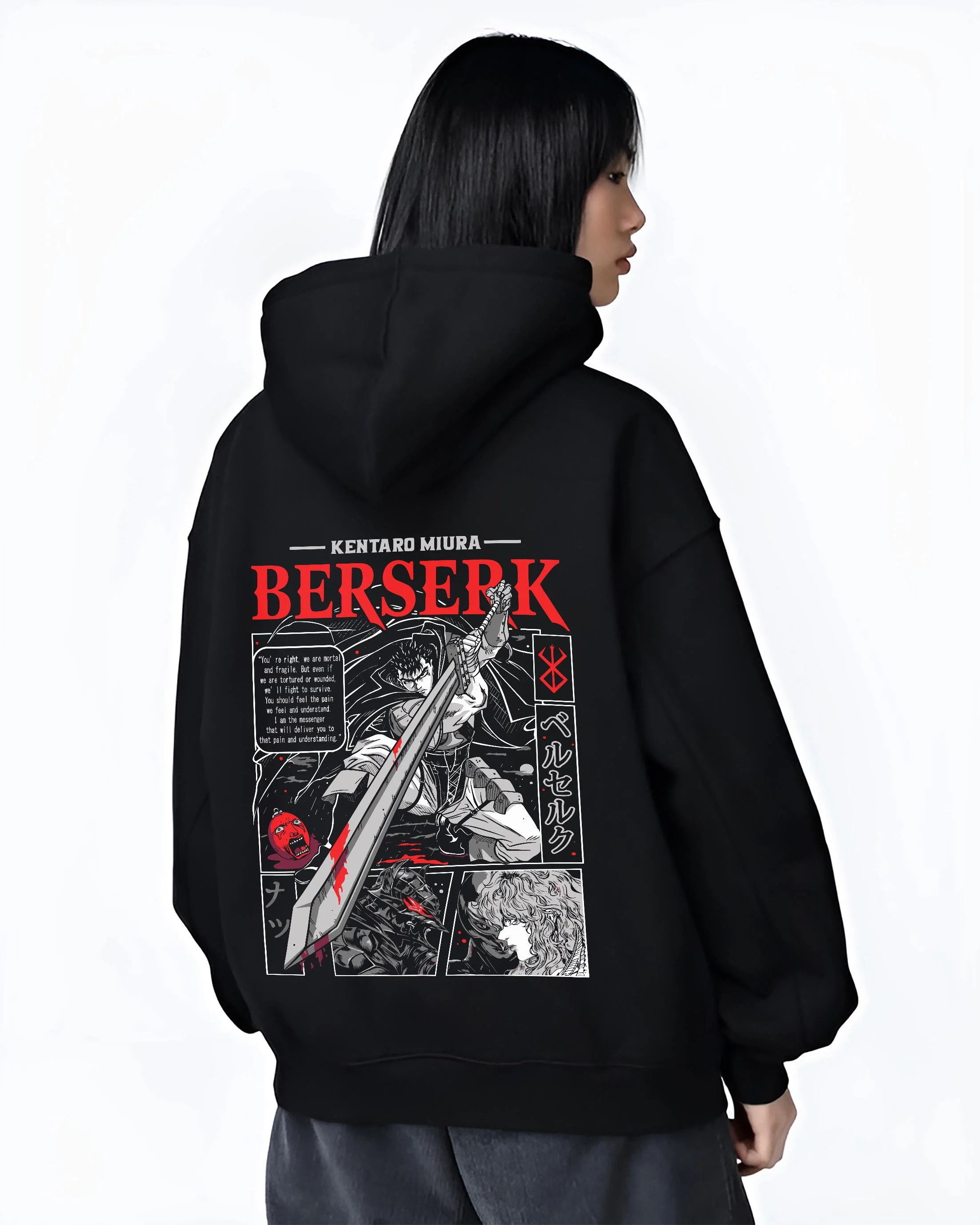 Black hoodie worn by female model, back view with Berserk Hoodie Guts Retro Dark Fantasy Warrior Art graphic streetwear graphic.