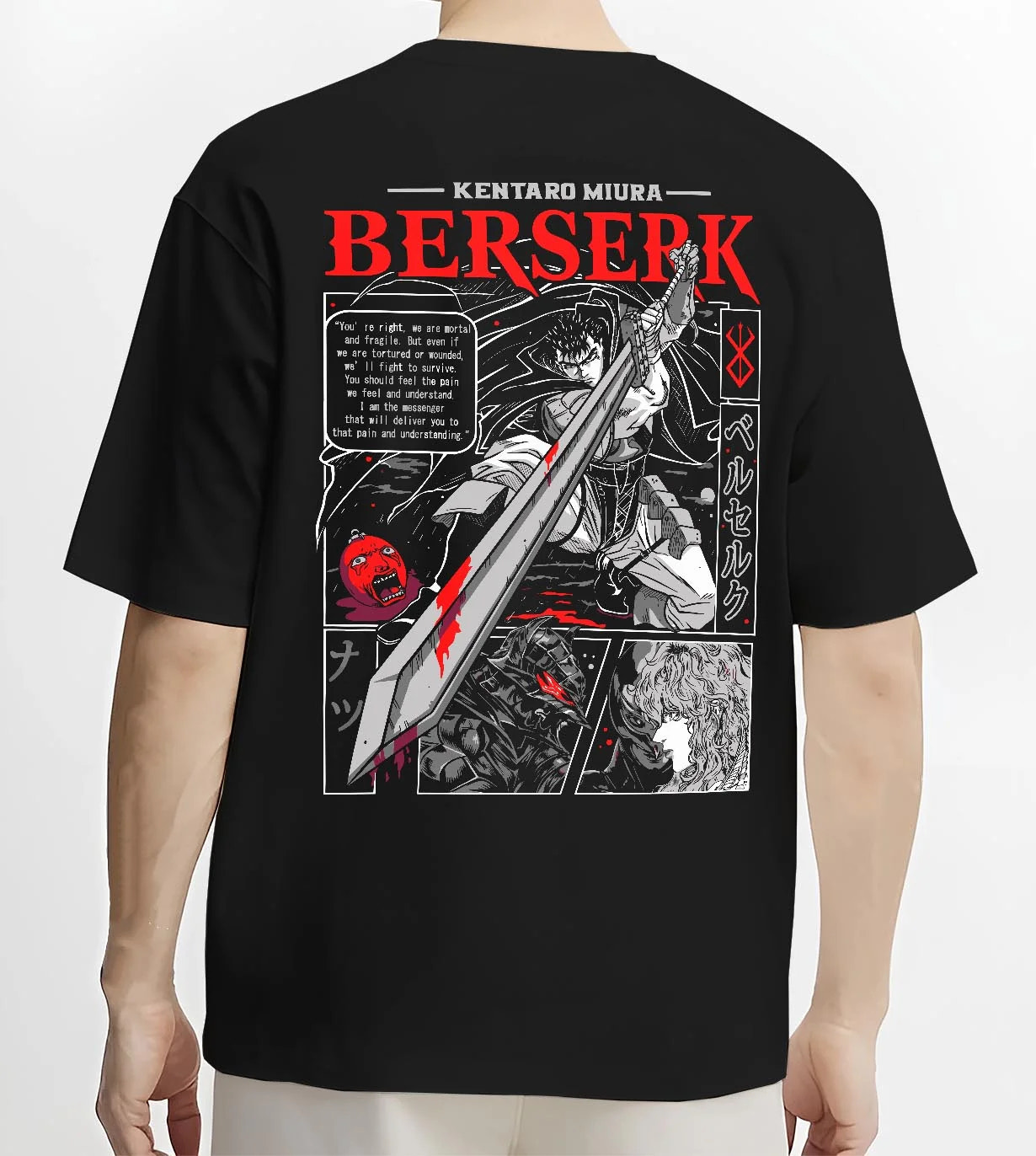 Black T-shirt worn by male model, back view with Berserk Hoodie Guts Retro Dark Fantasy Warrior Art graphic streetwear graphic.