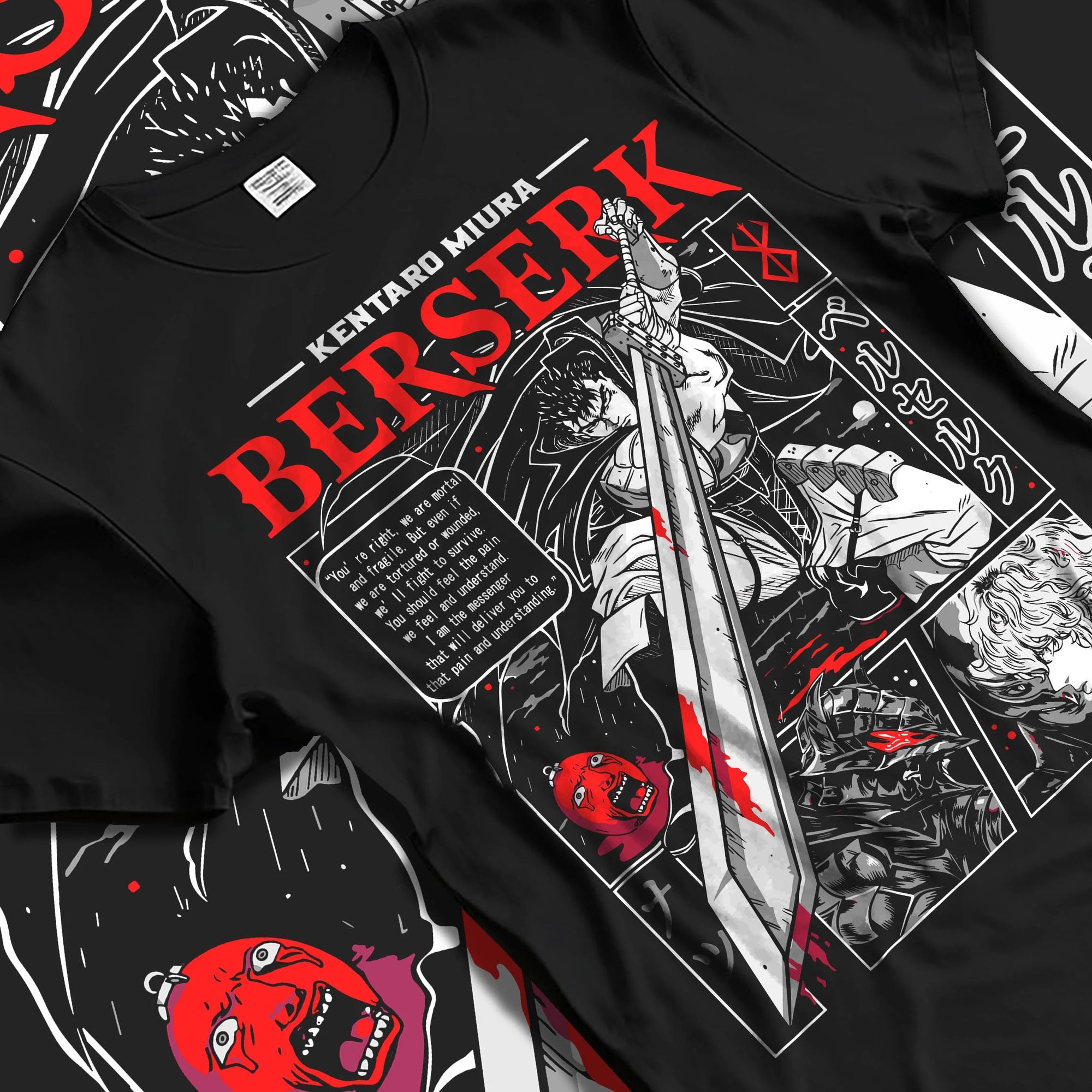 Black T-shirt laid flat with natural folds with Berserk Hoodie Guts Retro Dark Fantasy Warrior Art graphic Guts anime design.