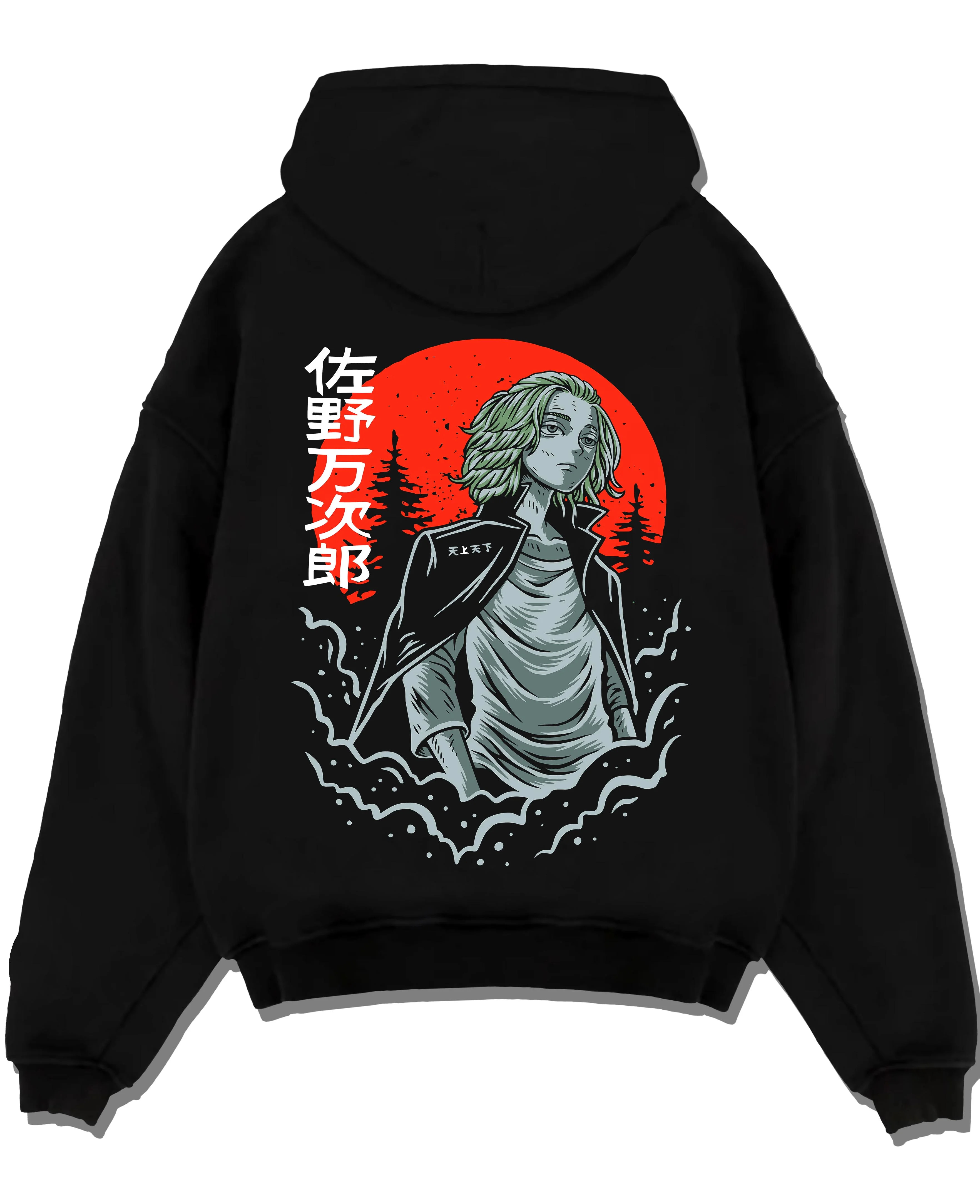 Black pullover hoodie laid flat with Tokyo Revengers Hoodie Manjiro Sano Heroic Jumper graphic premium wear.