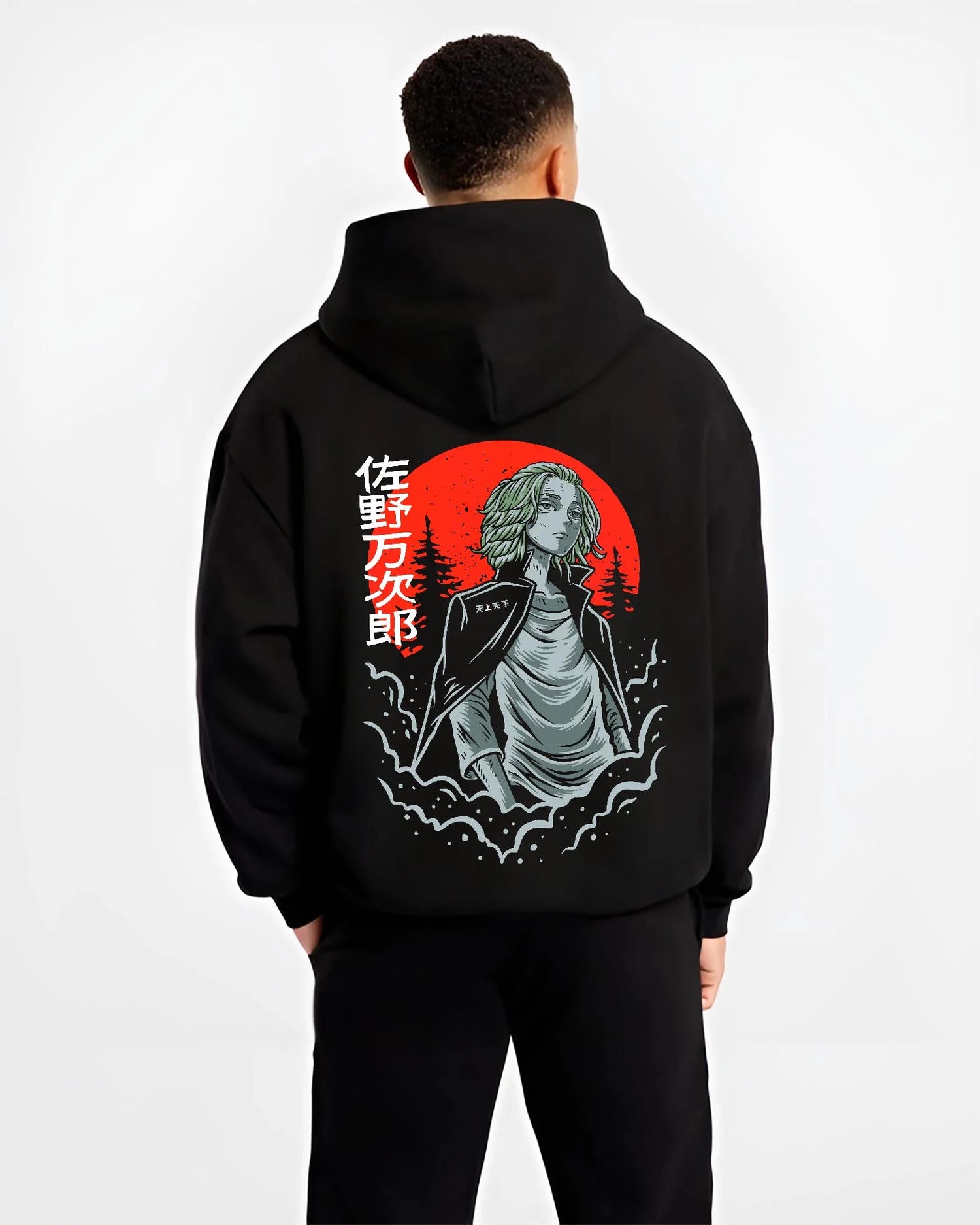 Black hoodie worn by male model, back view with Tokyo Revengers Hoodie Manjiro Sano Heroic Jumper graphic bold anime graphic.