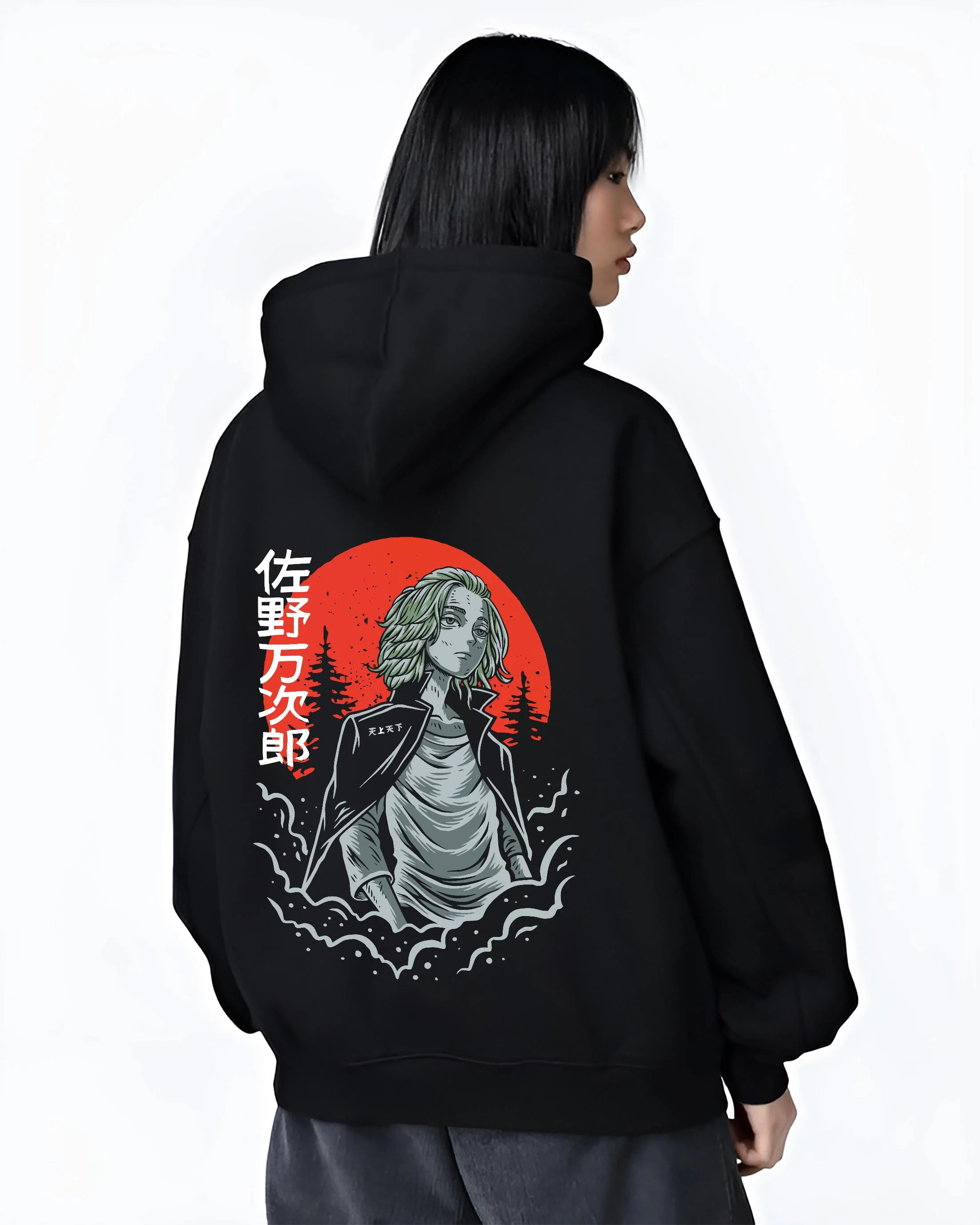 Black hoodie worn by female model, back view with Tokyo Revengers Hoodie Manjiro Sano Heroic Jumper graphic bold anime graphic.