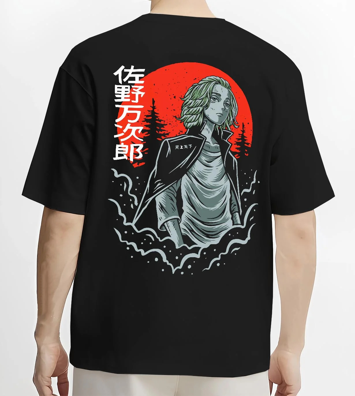 Black T-shirt worn by male model, back view with Tokyo Revengers Hoodie Manjiro Sano Heroic Jumper graphic streetwear graphic.