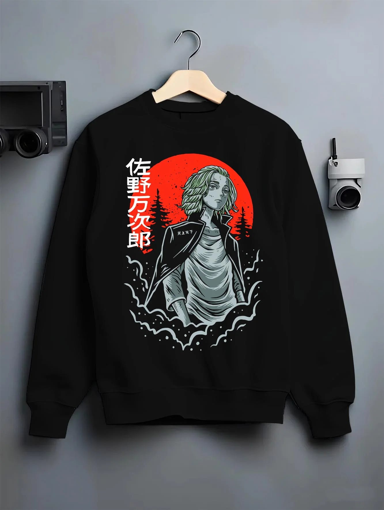 Black crewneck sweatshirt on hanger with Tokyo Revengers Hoodie Manjiro Sano Heroic Jumper graphic premium wear.