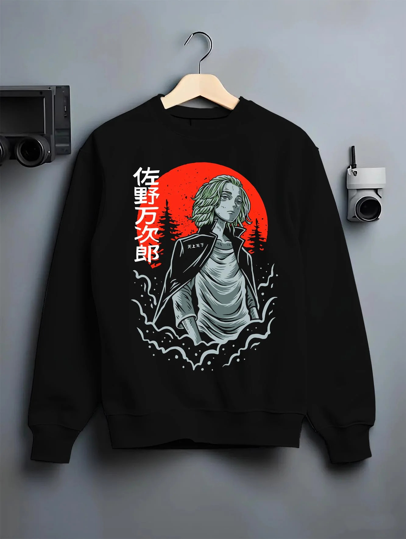 Black crewneck sweatshirt on hanger with Tokyo Revengers Hoodie Manjiro Sano Heroic Jumper graphic premium wear.