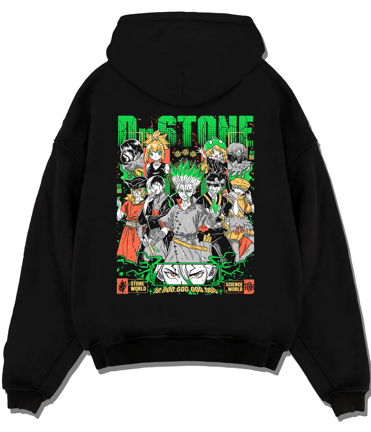 Black hoodie flat back view showing Dr Stone: multi-character science poster